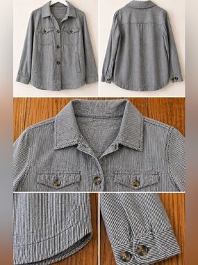 LOFT Striped Utility Chore Jacket Lightweight Linen Blend Button Front Size MP